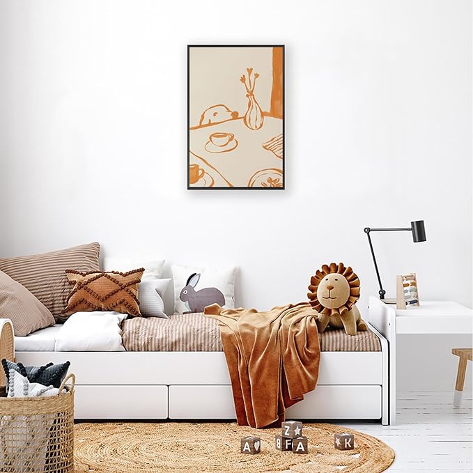 Cute Sneaky Dog Kitchen Poster Scandi Breakfast Coffee Canvas Wall Art Whimsical Abstract Animal Sketch Aesthetic Prints Painting For Living Room Kitchen Dining Room Wall Decor 8x12in Framed