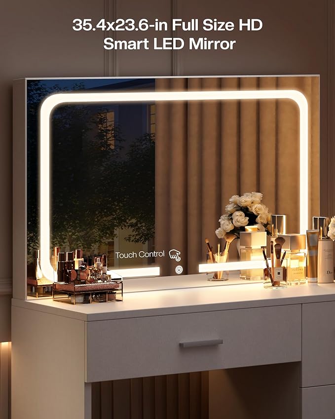 Makeup Vanity Desk Set, White, 35.4“W x 15.7" D x 53.9" H (Large Smart LED Mirror, with Cushion Stool, Hairdryer Rack, Power-Outlet, 4 Drawers)