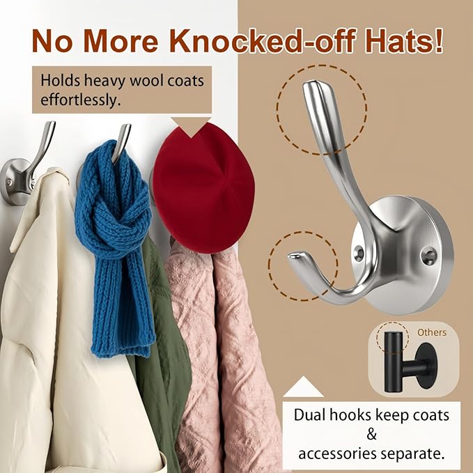 ZUONAI Towel Hooks for Bathrooms Silver Wall Hooks 2 Pack Brushed Nickel Coat Hooks Heavy Duty Towel Wall Hooks for Coats Robes Hats Bath Entryway Cubicle Kitchen Screw in Brushed Nickel Towel Hooks