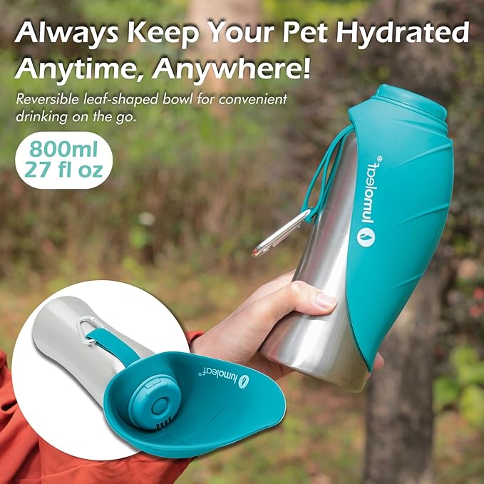 Stainless Steel Dog Travel Water Bottle — 27oz, Portable Bowl, Walking & Hiking (Blue)