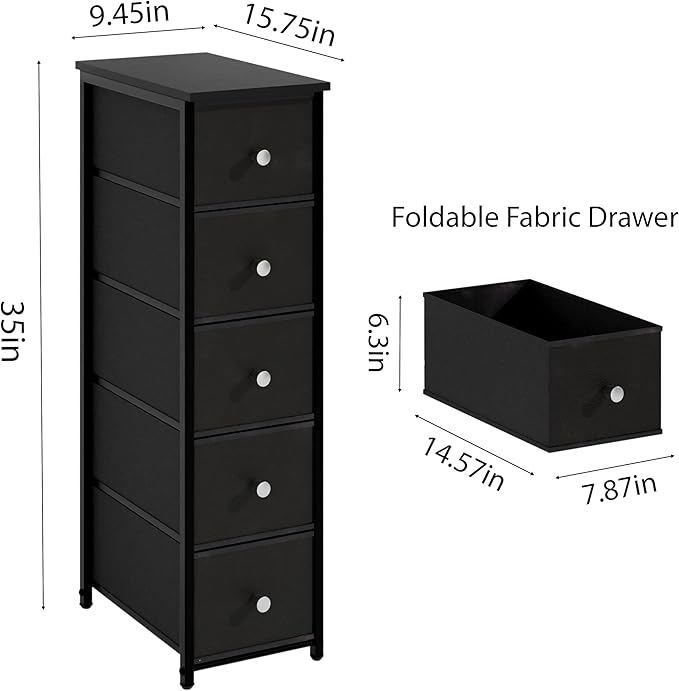 Narrow Storage Cabinet for Small Spaces Slim Bathroom Dresser with Drawers Tall Thin Storage Organizer for Bathroom Bedroom Skinny Cabinet(Black, 5 Drawers)