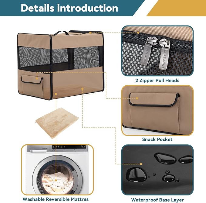 PETSFIT Collapsible Dog Crate, Dog Travel Crate - 24 Inch with Thicken Mat, Easy to Fold, Sturdy and Portable, Perfect for Traveling, Soft Sided Dog Crate Khaki
