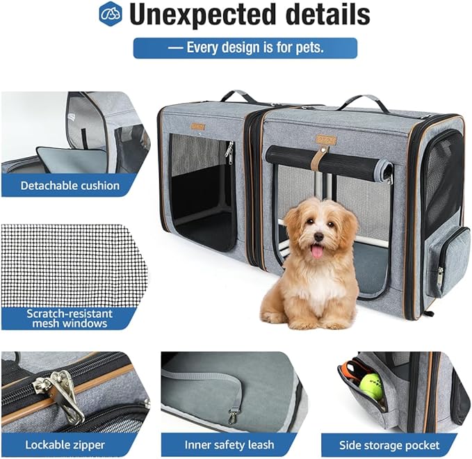 Lekereise 2-in-1 Cat Travel Carrier with Litter Box, (20.85" x2) x19.7"x19.7" Large Cat Carrier with Zipper Locks for Moving Across The Country (No Hammock) - Grey