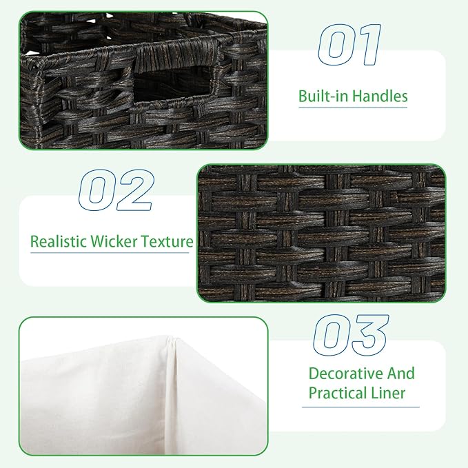 Bidtakay Black Wicker Cube Baskets 11 inch 4 Pack Waterproof Hand-Woven Storage Baskets for Organizing Pantry Bedroom