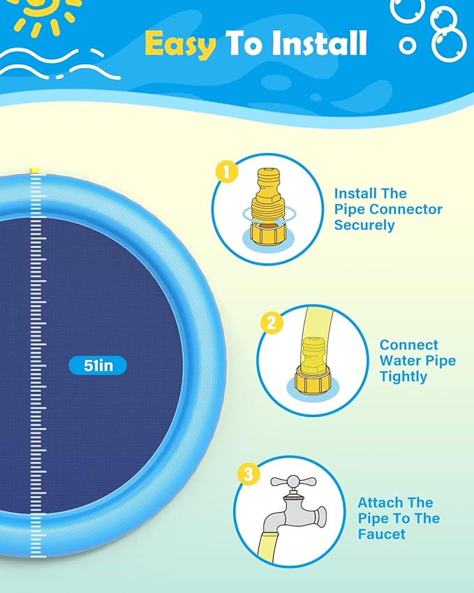 Peteast Splash Pad for Dogs & Kids - Anti-Slip Dog Pool for Large Dogs, 0.58 mm Thickened Durable Outdoor Water Play Mat, Summer Sprinkler Toy for Backyard (51inch)