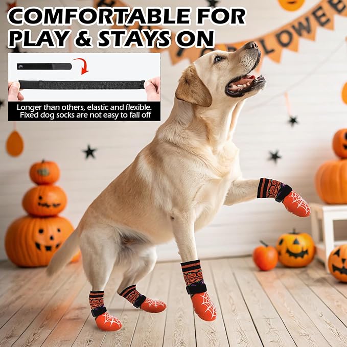 EXPAWLORER Halloween Anti Slip Dog Socks to Prevent Licking Paws, Boots & Paw Protectors with Spider Web Grippers,Doggie Booties for Hardwood Floors for Small Medium Large Senior Dogs Orange Pumpkin M