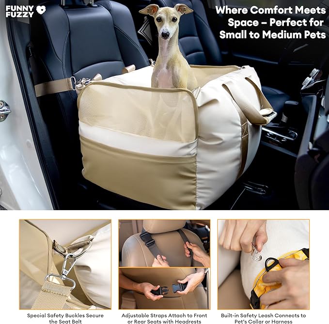 FUNNY FUZZY Waterproof Dog Car Seat for Small & Medium Dogs Up to 35lbs, Detachable & Washable Pet Booster Seat with Leash, Thick Cushion, Storage Pockets & Adjustable Straps (Beige)