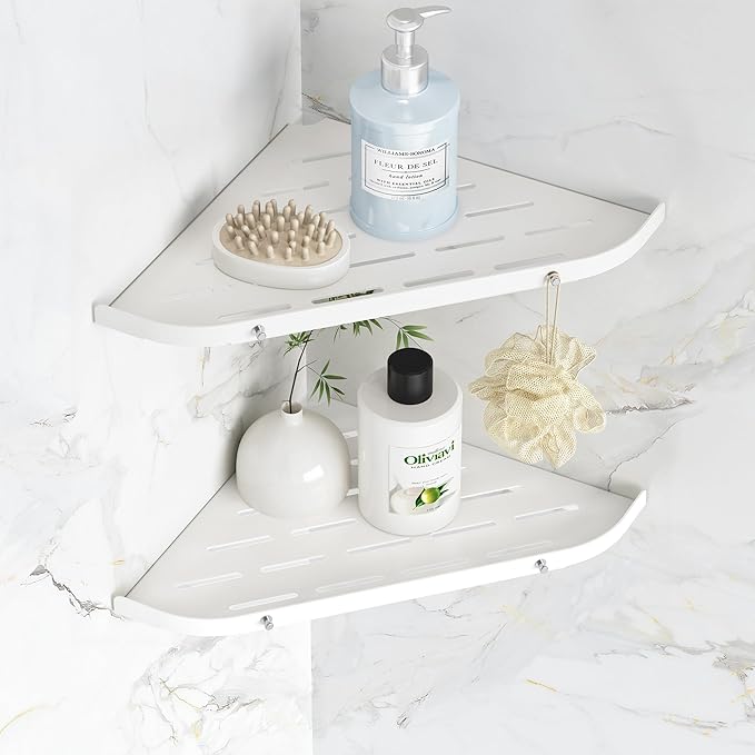 Corner Shower Shelf, 9" Corner Shower Caddy, SUS304 Stainless Steel Shower Organizer Wall Mount Corner Shelf with 2 Hooks for Bathroom, Dorm and Kitchen, Matte White (2 Pack)