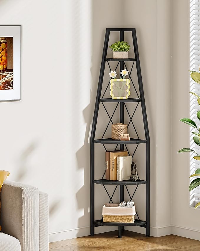 5-Tier Corner Shelf, Corner Bookshelf, Ladder Shelf, Floor Standing Storage Rack, Open Display Stand, Plant Stand, for Living Room, Bedroom, Study, Bathroom, Black TCJ22BB