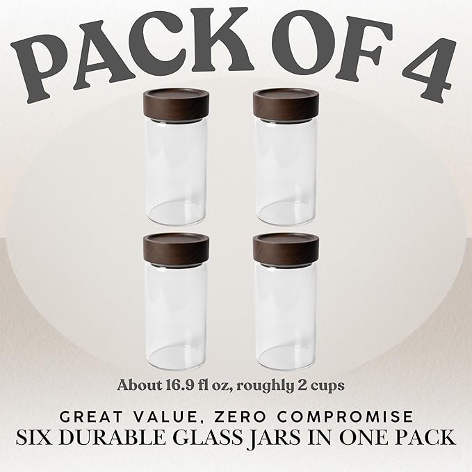 Wide Mouth Glass Storage Jars With 3" Acacia Wood Lids - 4 Pack of 16.9 Oz Airtight Food Storage Containers - Borosilicate Glass Canisters for Kitchen - Pantry Organizers Storage for Flour Rice Coffee