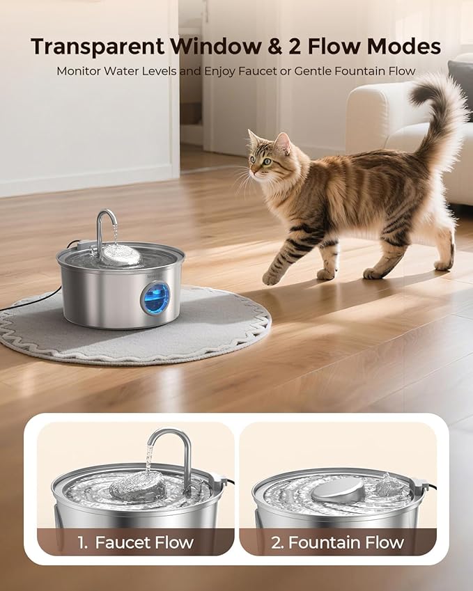 Cat Water Fountain Stainless Steel, 108oz/3.2L Pet Fountain with Large Water Level Window, Ultra Quiet Automatic Cat Water Dispenser for Cats and Dogs, 2 Flow Modes, Splash-Proof Design