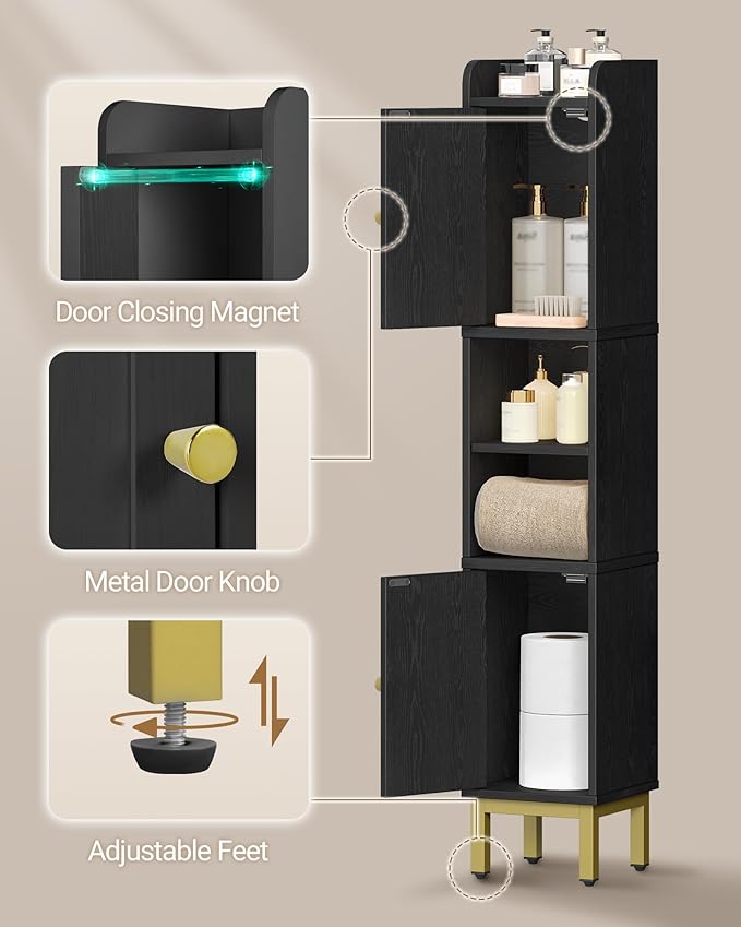 Slim Bathroom Storage Cabinet, Narrow Bathroom Organizers and Storage with 4 Adjustable Feet, Laundry Room Organization for Small Space, Kitchen, Living Room, 2 Doors Black BC22404G
