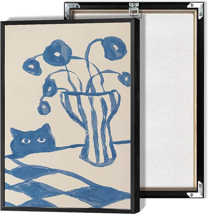 Funny Sneaky Cat Poster Scandi Animal Sketch Canvas Wall Art Blue Modern Abstract Flower Vase Aesthetic Prints Painting For Living Room Kitchen Dining Room Wall Decor 12x16in Framed