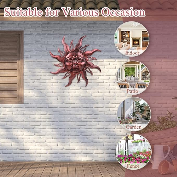 HOBYLUBY 28'' Metal Sun Wall Decor, Large Outdoor Wall Art Decor Hanging Decorative for Patio, Porch, Fence, Garden(Brown)