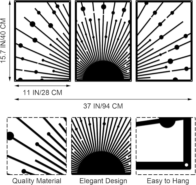 ruelen Metal Sun Wall Decor - Large Minimalist Sun Line Art Sculpture for Modern Home & Outdoor Decor, Set of 3 (40x28cm) - Nautical Black Sunshine Design