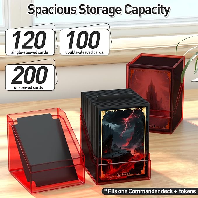 Mlikero Card Deck Cases, Acrylic Commander Deck Box Holding 100+ Sleeved Cards with Dividers, Clear Card Storage Box Fit for MTG, TCG, Sports Cards (Red)