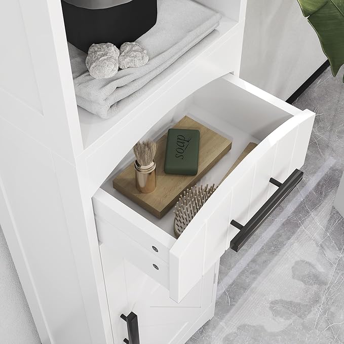 HOMCOM Tall Bathroom Storage Cabinet, Farmhouse Narrow Bathroom Storage Cabinet with Recessed Drawer and Barn Door, Linen Cabinet, White