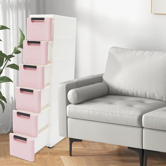 6 Drawers Storage Cabinet, Narrow Plastic Dresser, Rolling Organizer Cart, Mobile Slim Utility Cart on Wheels, Storage Drawer for Small Spaces (Light Pink)