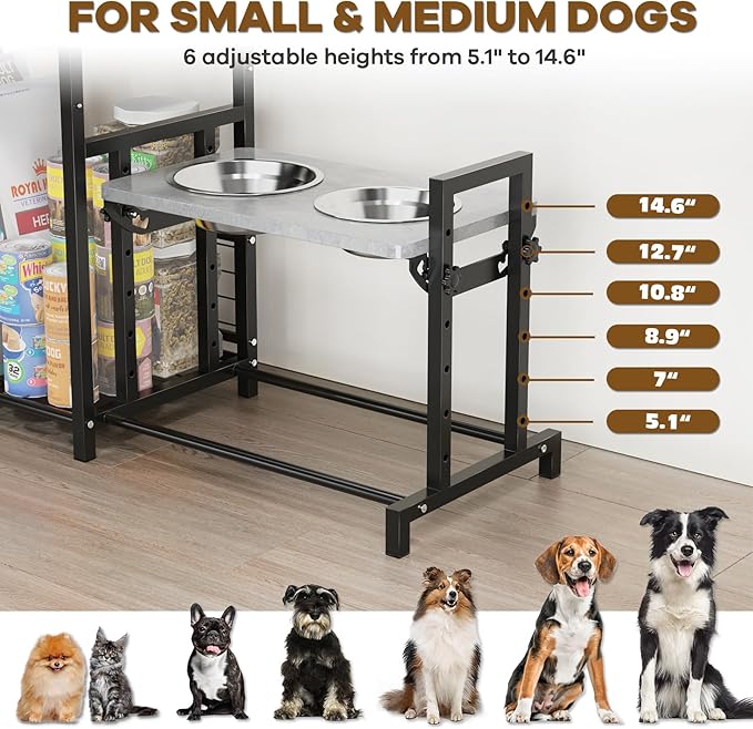 Elevated Dog Bowls Stand with Pet Storage Organizer, Adjustable Feeding Station Cabinet with Toy Basket for Large, Medium, and Small Dogs