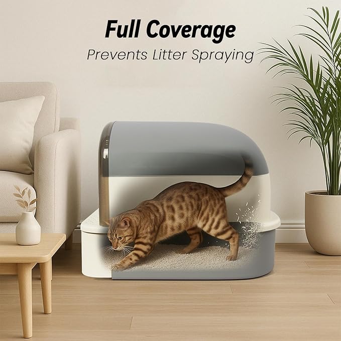 Enclosed Litter Box with Front Door Flap and Scoop, Covered Kitty Litter Box with Handle and Buckles for Portability and Privacy (Misty Gray)