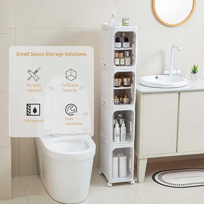 5-Tier Plastic Tall Narrow Storage Cabinet with Adjustable Shelves and Movable Wheels, Magnetic Doors, Slim Bathroom Storage Organizers for Small Space, Bathroom, Kitchen, White