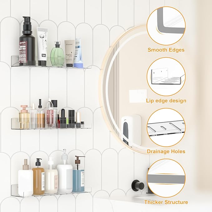 12 Pack Floating Shelves - Clear Acrylic/PET Wall Mounted Non-Drilling Storage Rack with Adhesive, Invisible Bathroom and Bedroom Shelves for Kitchen, Living Room, Clear Decoration