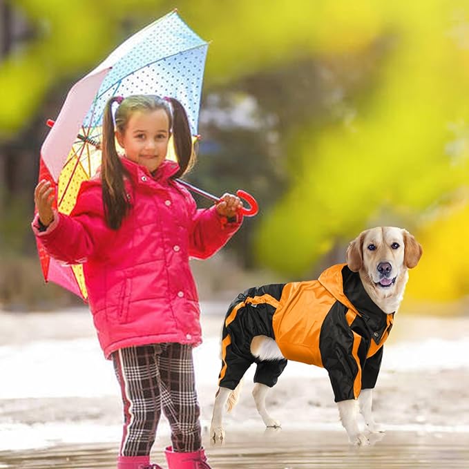Dog Raincoat, Waterproof Rain Jacket, Adjustable 4-Legs Pet Poncho with Hood, Snow-Proof Dog Vest Rainwear, Lightweight Rain Clothes Apparel with Leash Hole