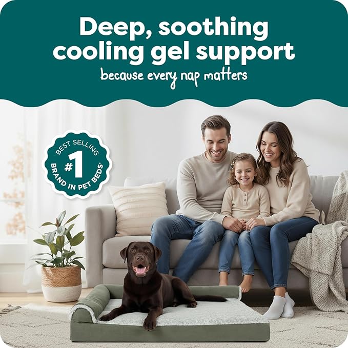 FurHaven Cooling Gel Dog Bed for Large Dogs, L-Shaped Chaise with Cool Gel-Top Foam & Solid Orthopedic Foam Base for Joint Support, Washable Cover, Jumbo/XL, Plush Faux Fur & Suede, Dark Sage