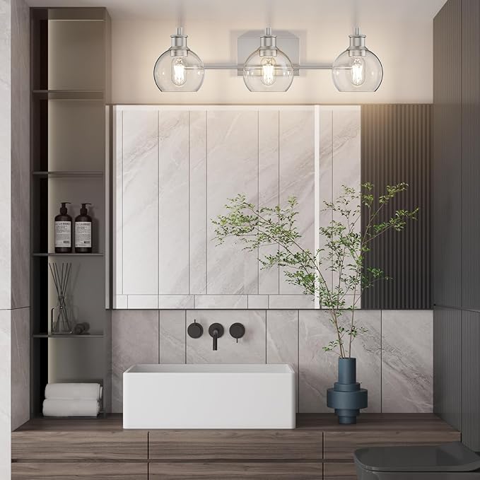 Tipace Brushed Nickel Modern Bathroom Vanity Light Fixtures Over Mirror Glass Globe 3 Lights Industrial Vanity Lights Farmhouse Bath Lighting(Exclude Bulb)