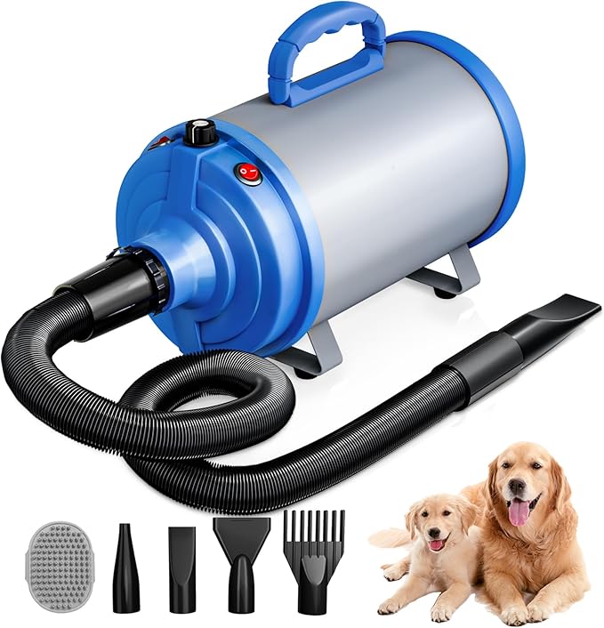 Dog Dryer Pet Hair Blower High Velocity for Grooming, Blow 3800W/5.2HP for Large Dogs Sechoir Pour Chien with Stepless Adjustable Speed, 4 Different Nozzles and Dog Brush,Silver
