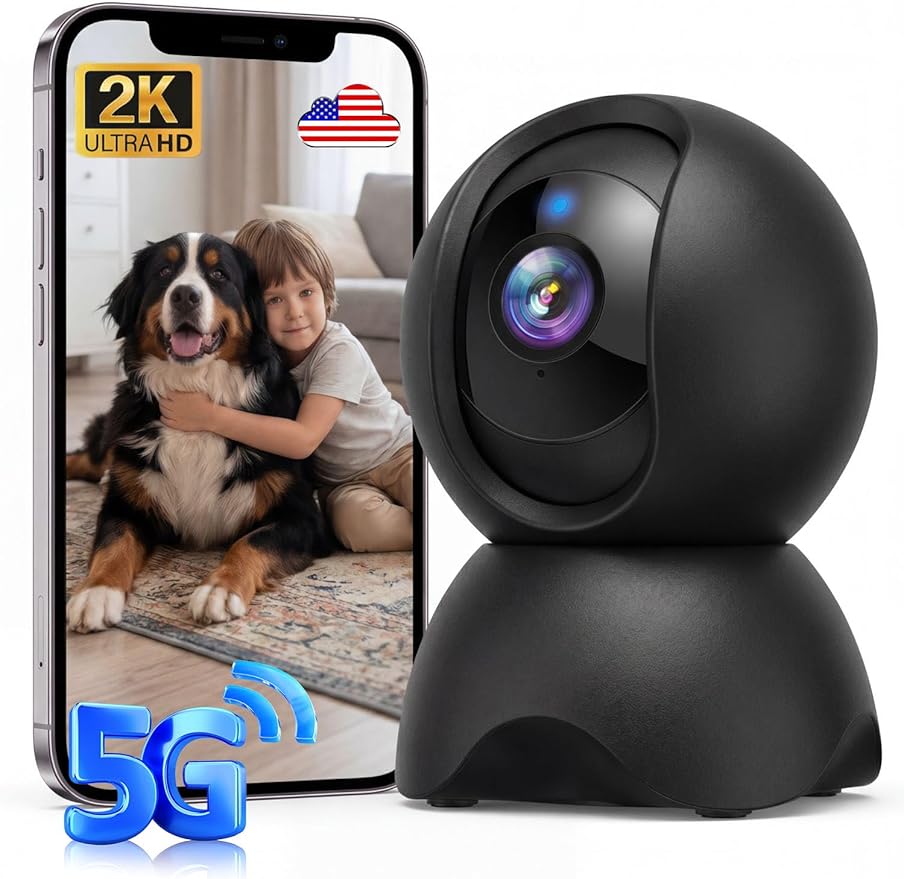 2K Indoor Cameras for Home Security, 2.4GHz & 5GHz WiFi, 360° Pan-Tilt, Night Vision, Human Auto Tracking, Local/Optional Cloud Storage, Pet/Dog/Baby Camera with Phone app, Black