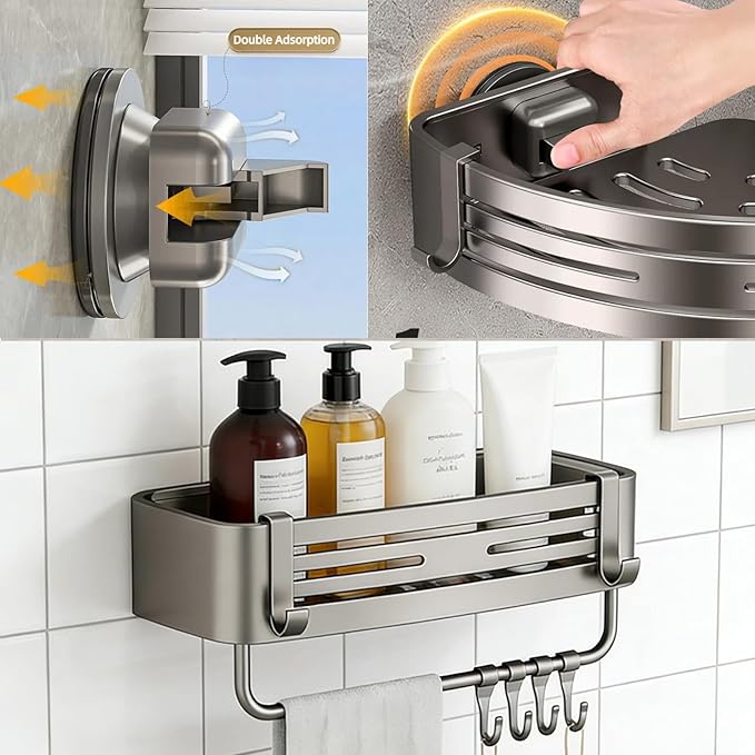 3Pcs Corner Shower Shelf Caddy Suction Cup, No Drill Hole with Towel Bar and Hook, Gray Bathroom Storage Rack, Zero Drill Square Shelves, Store Toiletries and Bath Towel for Bathroom Kitchen RV