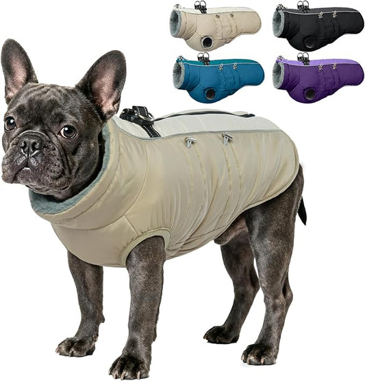 IDOMIK Warm Dog Coat with Harness, Waterproof Reflective Dog Jackets for Small Medium Large Dogs, Fleece High Collar Winter Jacket with Zipper, Pet Winter Snowsuit Clothes for Cold Weather,Khaki M