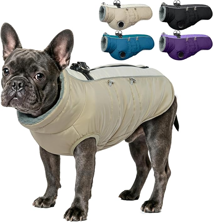 IDOMIK Warm Dog Coat with Harness, Waterproof Reflective Dog Jackets for Small Medium Large Dogs, Fleece High Collar Winter Jacket with Zipper, Pet Winter Snowsuit Clothes for Cold Weather,Khaki L