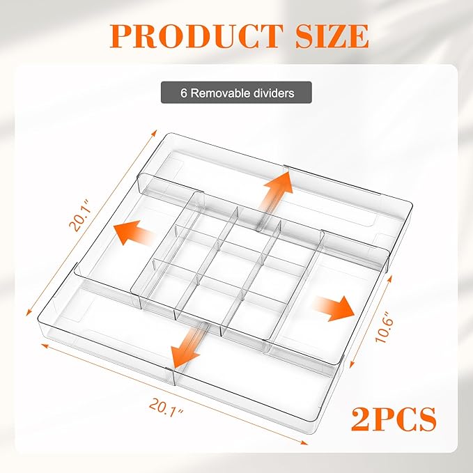 2 Pcs Large Expandable Acrylic Drawer Organizers, Grid Adjustable Drawer, Dividers Organizer for Desk, Makeup, Jewelry, Office, Kitchen Supplies (Clear,15 Compartments)
