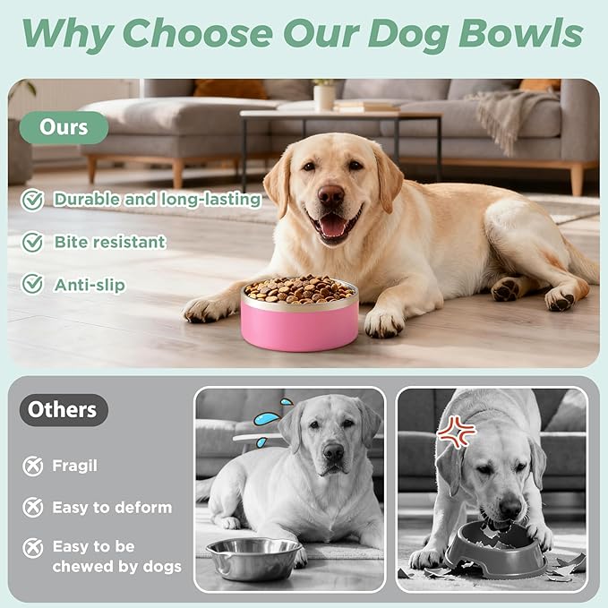 LIHONG Stainless Steel Dog Bowls for Small Medium Sized Dogs Non Slip,Insulated Dog Bowl,Pet Bowl for Food and Water,Rustproof(40oz,Pink)