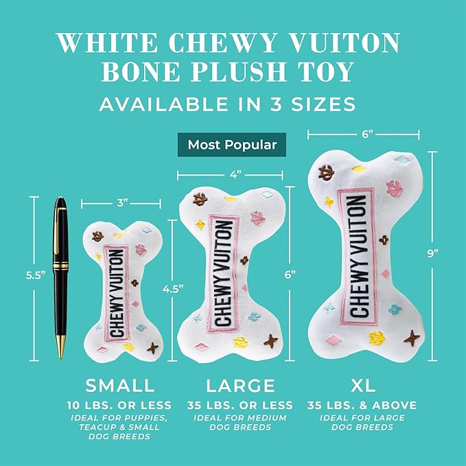 Haute Diggity Dog White Chewy Vuiton Bone, Plush Designer Dog Toys with Interactive Squeaker, Stimulating Pet Enrichment, Machine-Washable & Safe Materials for All Breeds, Size Small