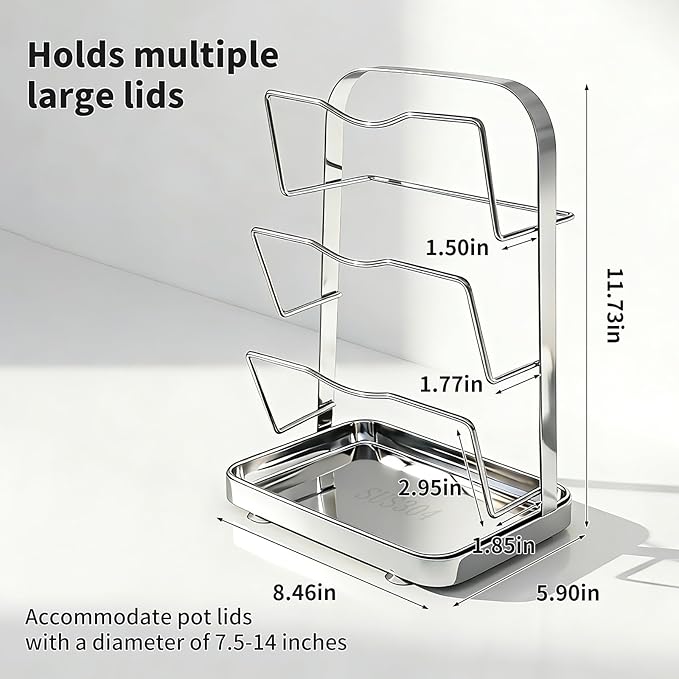 Pot Lid Holder While Cooking, 3 Tier 304 Stainless Steel Pot Lid Organizer with Drip Tray, Kitchen Storage Rack for Stove Top & Countertop, Heavy Duty Lid Holder for Pots and Pans, Silver