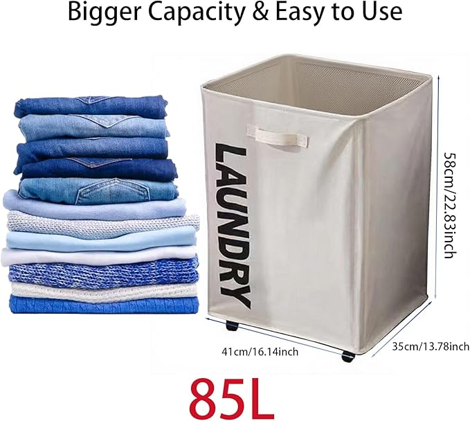 Large Laundry Baskets with Wheels, Collapsible Rolling Double Laundry Hamper, Slim Clothes Hampers for Laundry with Handles for Bedroom, Laundry Room, Closet, Bathroom, College, 85L Beige