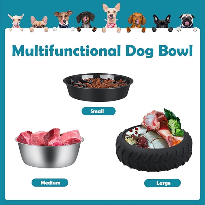 3-in-1 Funny Car Tire Dog Feeder - Non-Slip Slow Feeder & Stainless Steel Water Bowl for Wet, Raw Food & Water, Multifunctional for Small, Medium & Large Dogs，Feeding Vessels for Pets