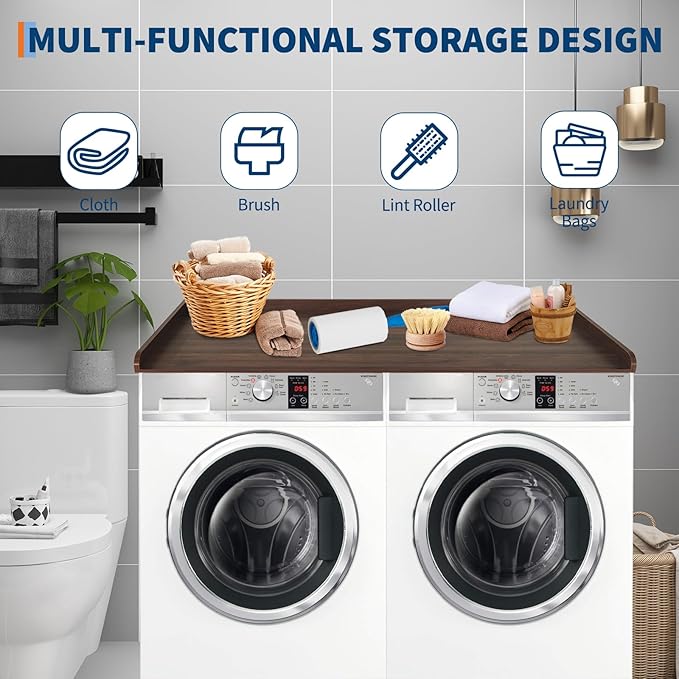 Washer Dryer Countertop with 2.75" h Edge Rails, 54" w x 27.55" d Wooden Laundry Countertop with Non-Slip Pads, Water-Resistant Washer and Dryer Topper for Laundry Room Organization and Storage