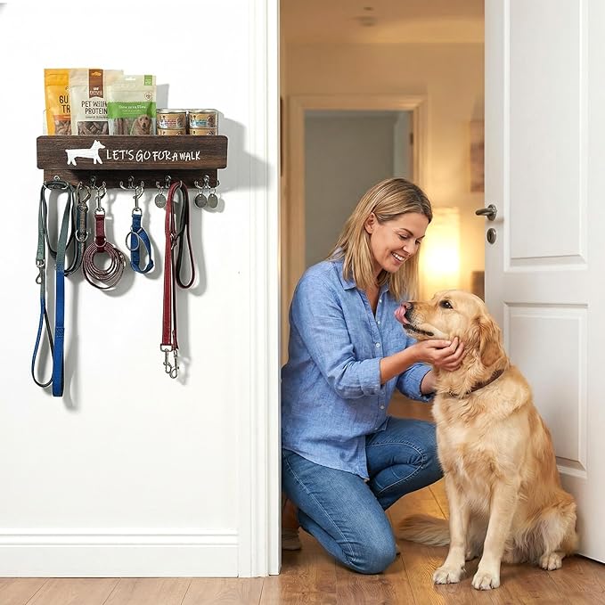 Wood Dog Leash Holder for Wall, Key Hangers with 5 Double Key Hooks, Dog Leash Hanger Wall Mounted for Entryway, Farmhouse Treats,35cm,Brown