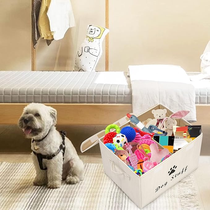 Geyecete Large Storage Boxes - Large Linen Fabric Foldable Storage Cubes Bin Box Containers with Lid and Handles for Dog Apparel & Accessories, Dog Toys(BambooiBeige)