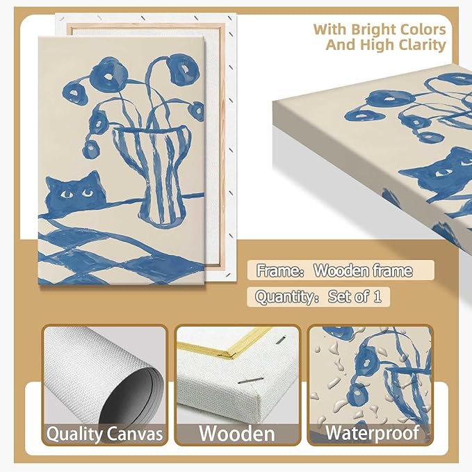 Funny Sneaky Cat Poster Scandi Animal Sketch Canvas Wall Art Blue Modern Abstract Flower Vase Aesthetic Prints Painting For Living Room Kitchen Dining Room Wall Decor 12x16in Wrapped Canvas
