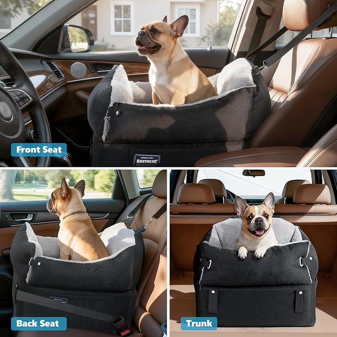 EASTBLUE Dog Car Seat for Small Medium Dogs Up to 35 lbs, 2 Memory Foam Pads Dog Booster Car Seat with Seat Belt, Washable Pet Carseat for Puppy & Cat, Dogs Travel Bed for Cars (Black/Grey-Fleece)