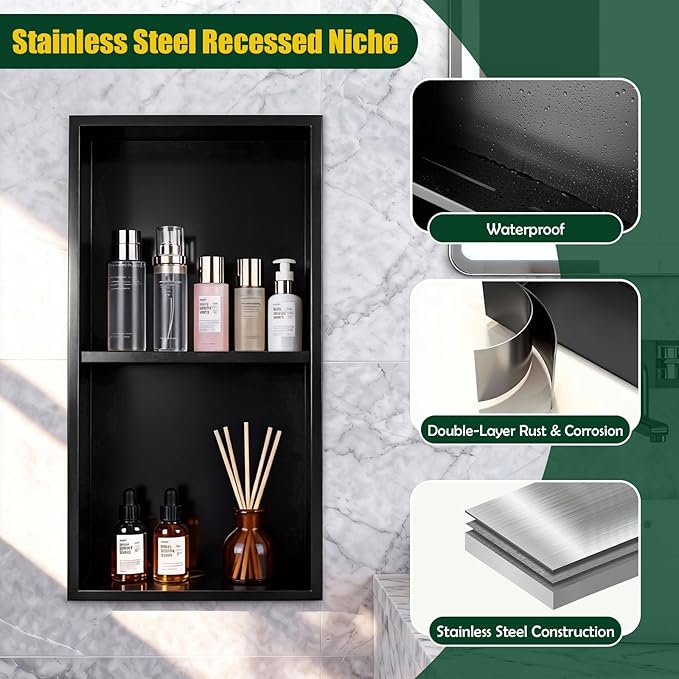 EasyVibe Matte Black 304 Stainless Steel Shower Niche 24 x 12 Inch, No Tile Needed Double Shelf Recessed Shower Wall Insert, Waterproof Bathroom Organizer for Toiletries & Storage