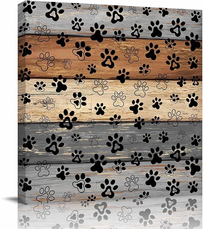 Framed Canvas Wall Art for Living Room Dog Paw Print Wall Decor, Retro Brown G热u Wood Grain Aesthetic Paintings for Bedroom Office Kitchen Bathroom, Ready to Hang Artwork Wall Pictures 24x24 Inch