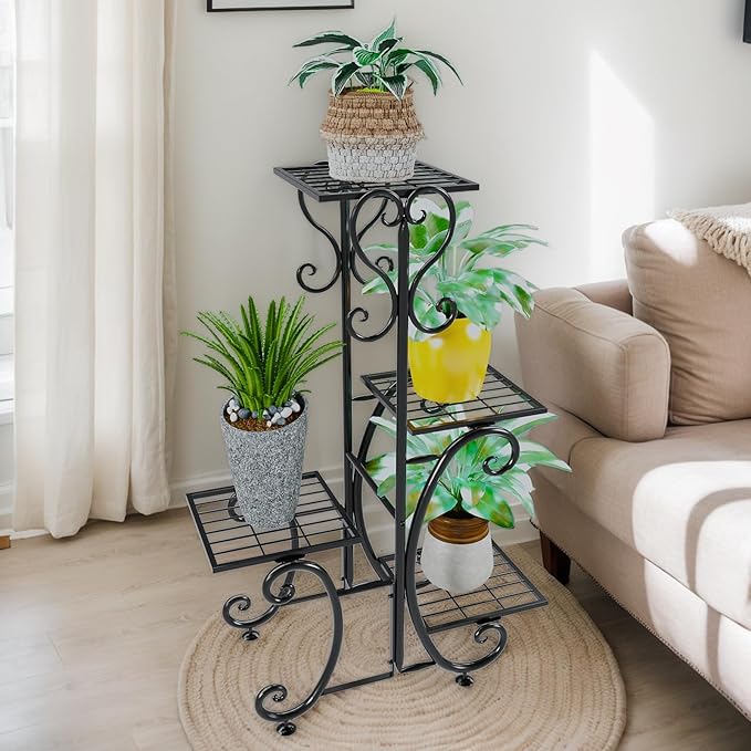 4 Tier Metal Plant Stand Indoor, Tiered Corner Plant Holders for Multiple Plants, 29 Inch Tall Flower Pot Holde Display Stand for Patio Garden Living Room Balcony Bedroom, Black