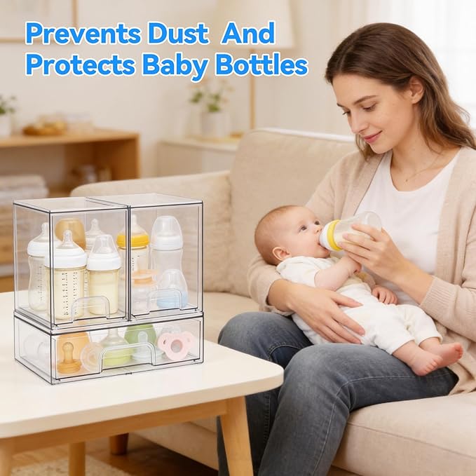 OTraki Baby Bottle Organizer, 3 Pack Stackable Storage Drawers with Labels, Clear Stackable Storage Drawers Acrylic Bottles Station for Pacifiers, Pump Parts, Desk Organizer Bins for Countertop