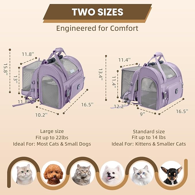Lollimeow Expandable Cat Carrier Backpack for Large Cats - Airline Approved Pet Carrier Backpack for Small Dogs, Hiking & Travel, Waterproof with Breathable Mesh, 22lbs Capacity (Lavender, Large)